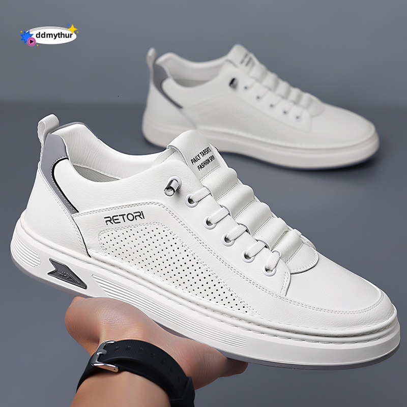 2025 Summer New Board for Men, Breathable Hollow Mesh, Genuine White Top Layer, Leather, One Step Casual Shoes ddmythur