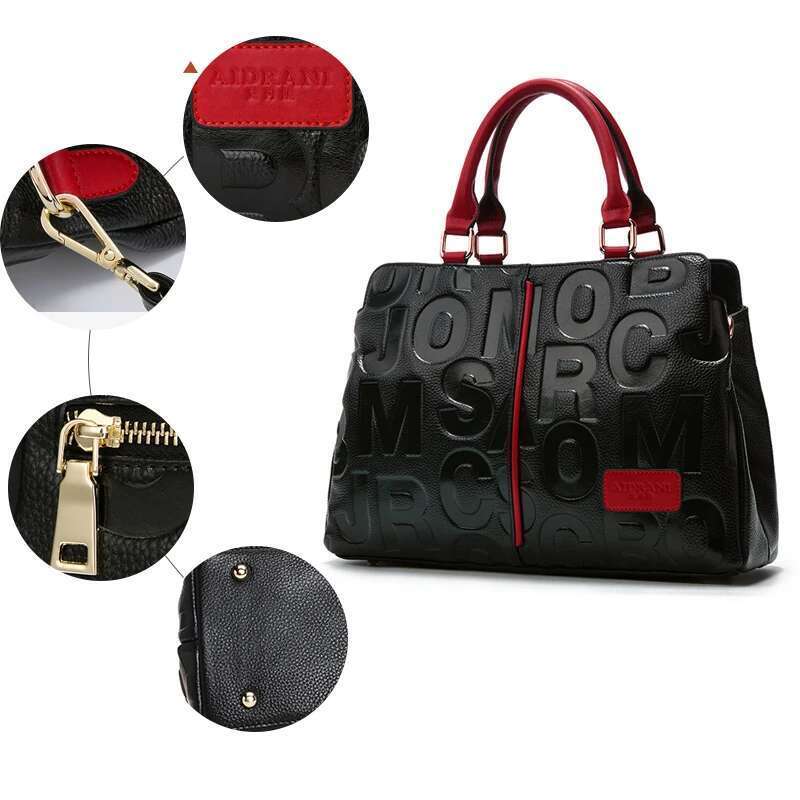 Aidrani Fashionable Women's Handbag With Large Capacity Black Letter Print Pattern Made Of High-Quality Cowhide