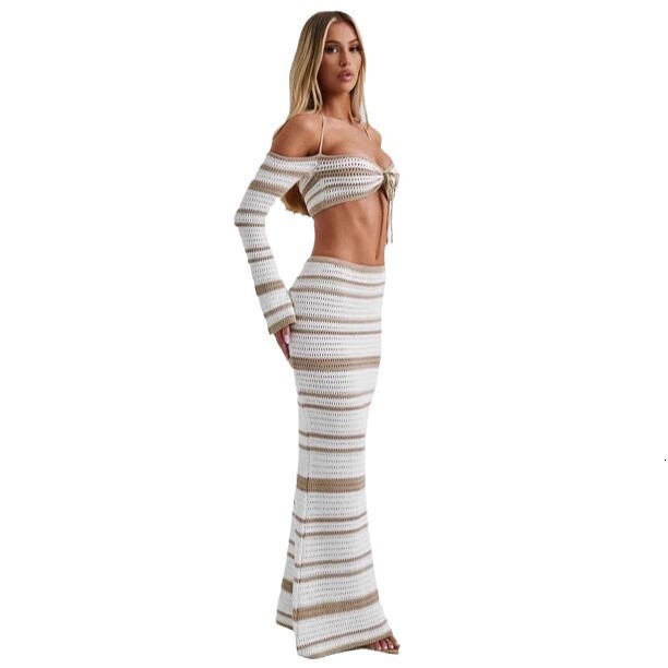 2025 new spicy girl womens suit summer striped long sleeved hanging neck top half skirt two-piece set for women