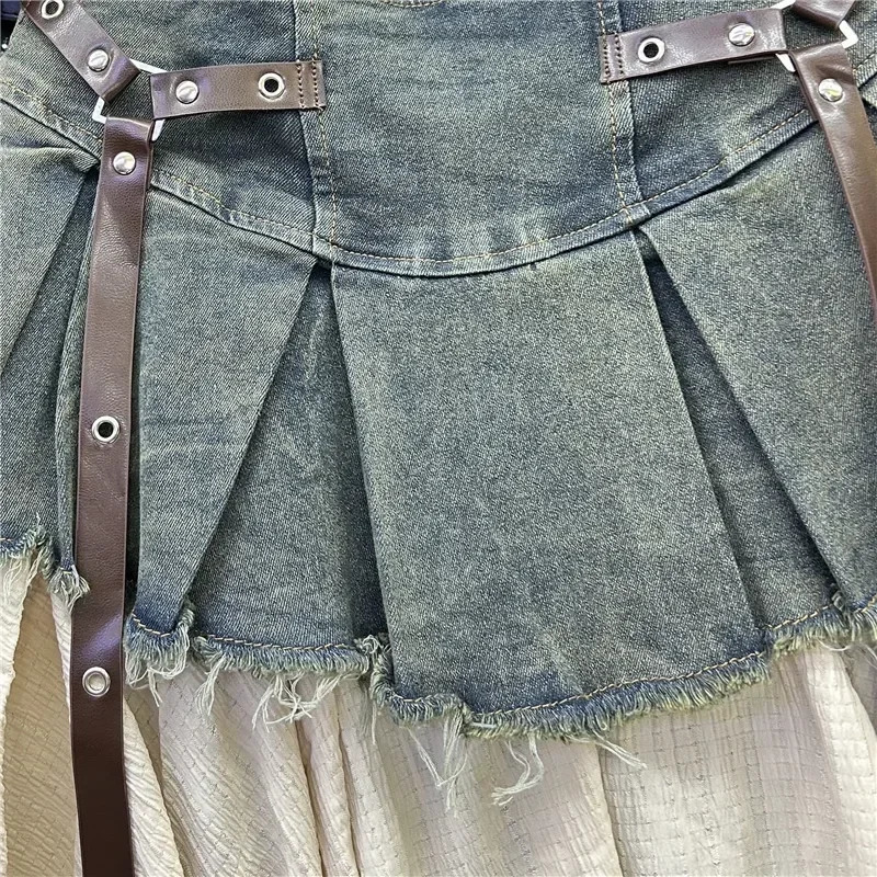 Retro Spliced Denim Pleated Skirt for Women Summer Temperament Girl Fashionable High Waist Aline 250514