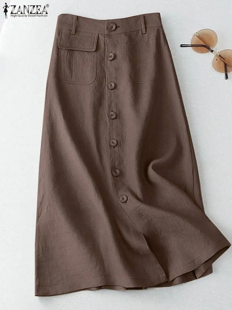 ZANZEA Women Casual Button Up Aline Skirts Summer Cotton Midi Elegant High Waist Solid Temperament Foldas 250514