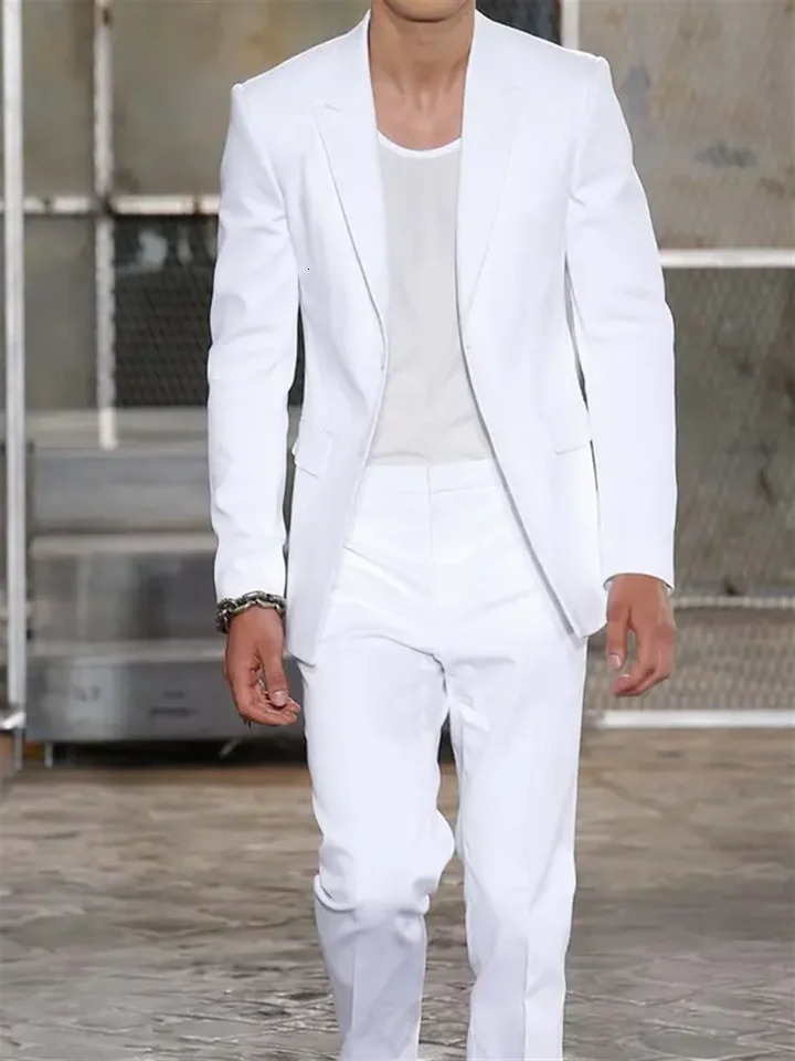 2 Pieces Long Jacket White Trousers Groom Tuxedos Wedding Suits for Men ed Lapel Man Blazers Coat Pants Prom 250506