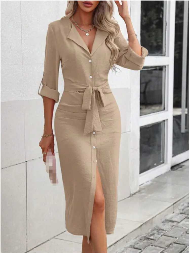 2024 Womens New Autumn Solid Color Lapel Waist Cinching Lace Up Temperament Sexy Slit Single Breasted Dress For WomenXJ250514
