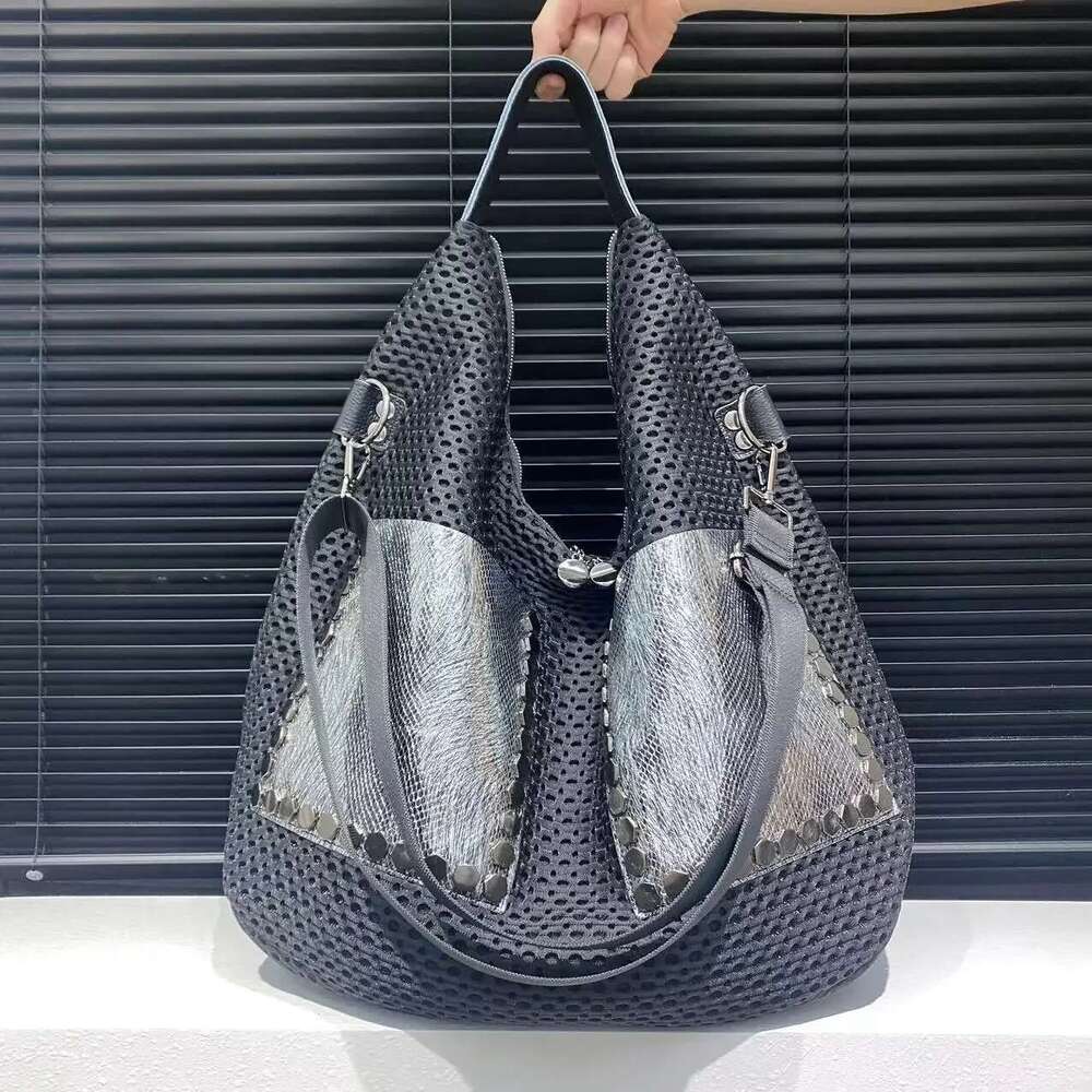Women's fashionable retro mesh patchwork cowhide tote with large capacity single shoulder crossbody carrying bag