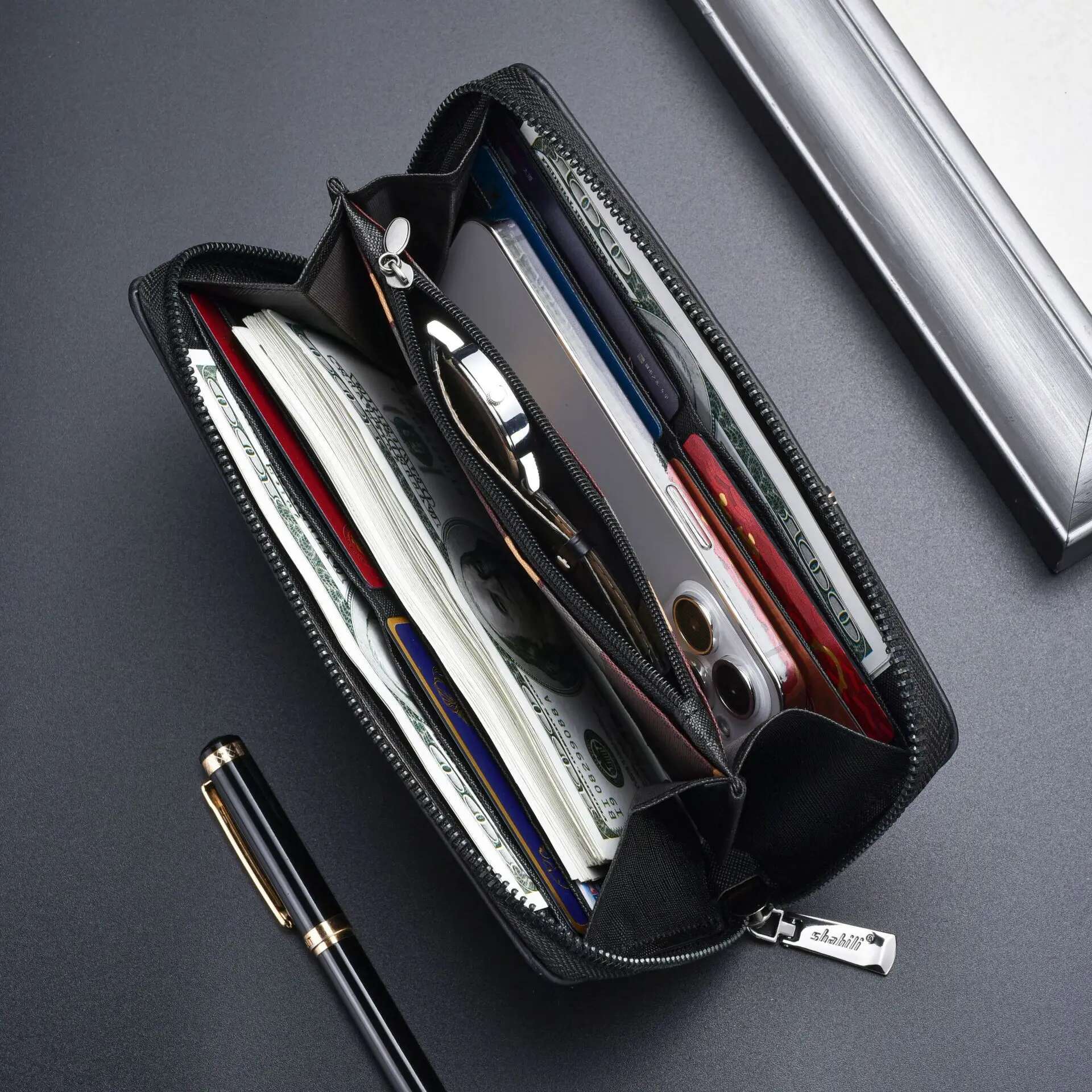 Men's Long Leather Wallet - Slim Zipper Design with High Capacity, Coin Pocket & Card Holder (Casual Money Bag)