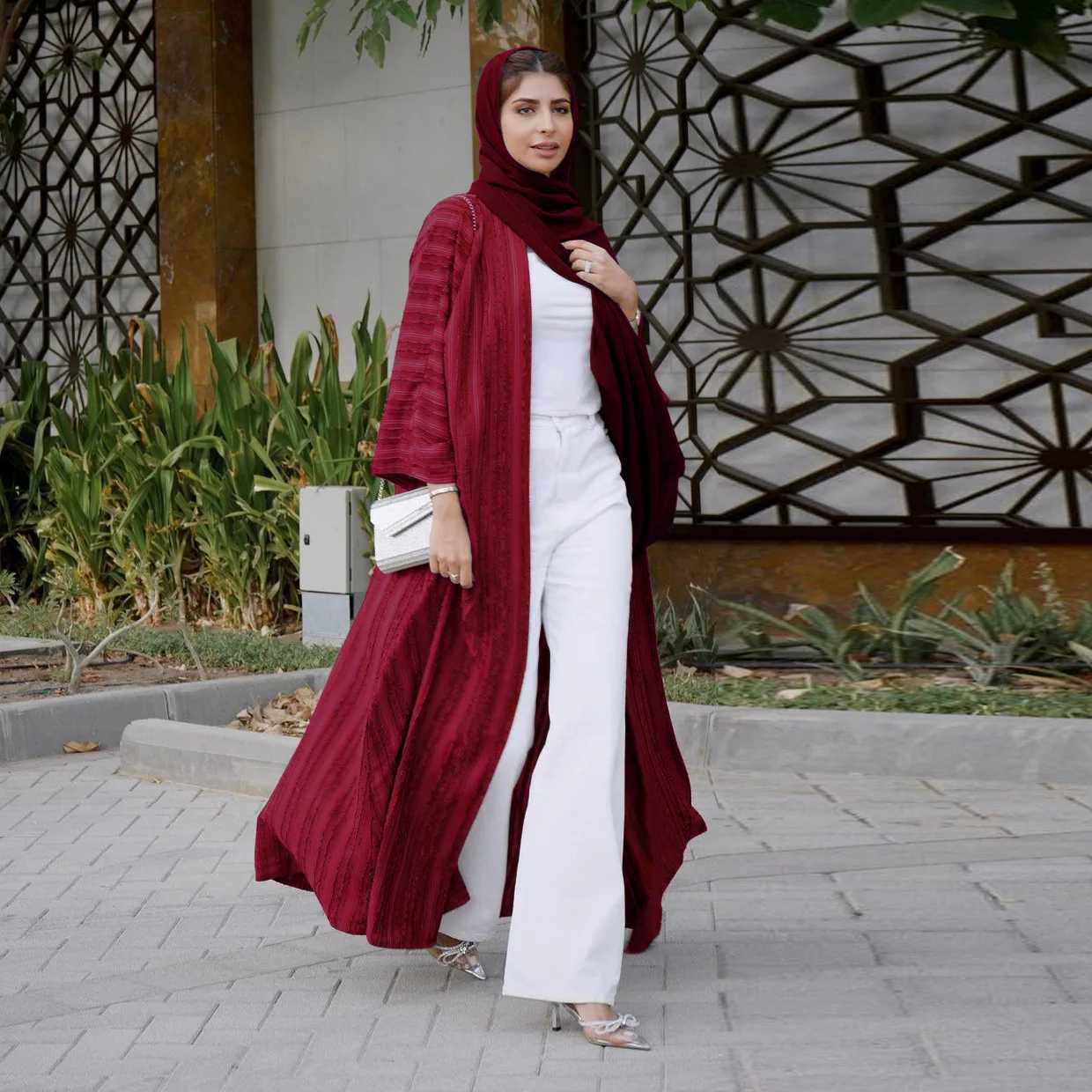 2024 New Arab Clothes Muslim Open Kimono Long Abaya Cardi Robe Striped Ethnic Cardigan Middle Eastern Kaftan With Pockets X250514