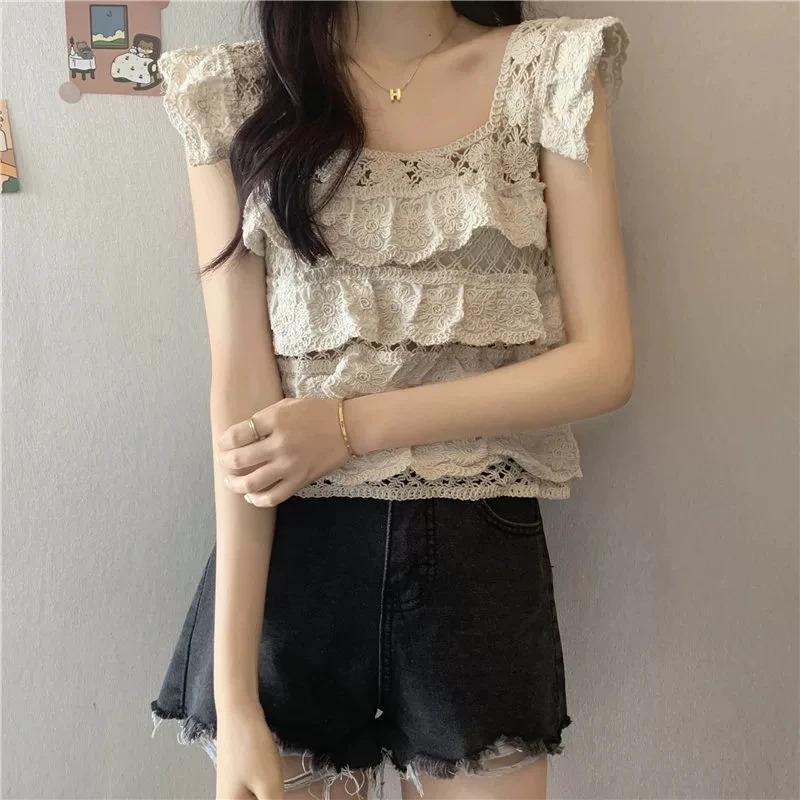 Tiered Ruffled Crochet Top Frilled Flutter Sleeve Semi Sheer Openknit Crop Tops Blouse Summer Women Teengirl Fairycore Outfit 250514