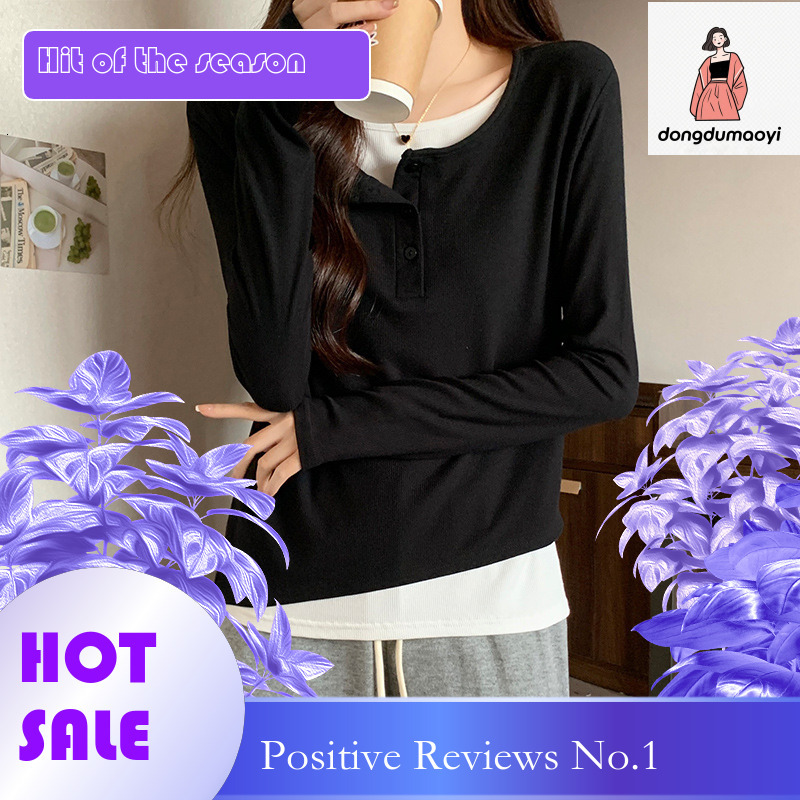 dongdumaoyi Fake two t-shirts, small breasted long sleeves, early autumn design sense, niche contrasting color top, inner bottom layer, women's c