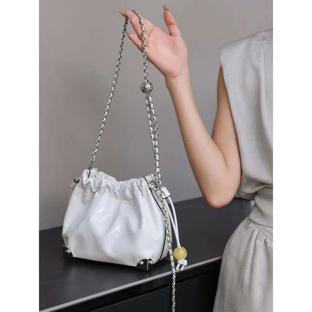 Spring Summer Women Drawstring Small Bucket Cow Split Leather Chain Bag Casual Handbag Ladies Single Shoulder Crossbody Bags