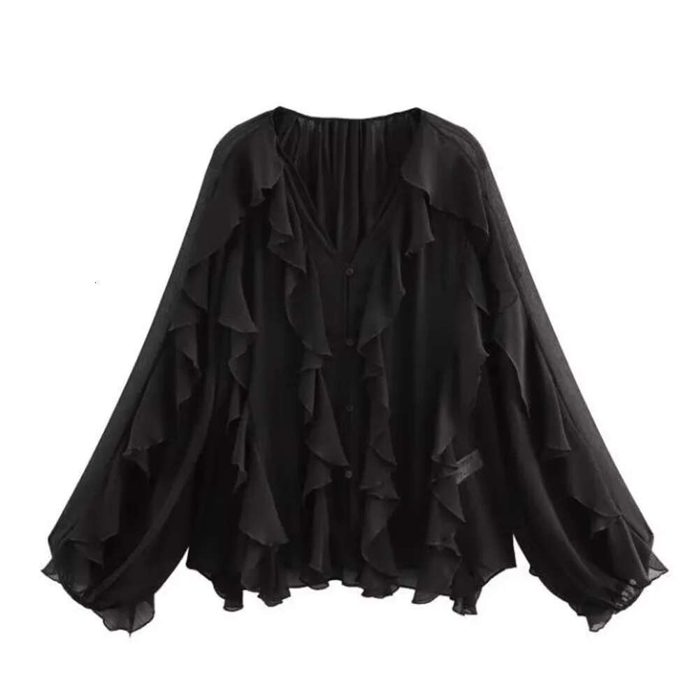 VEITCHE Spring Summer Women Fashion Casual Ruffles Blouses Semi-Sheer Loose V Neck Tiered Single Breasted Solid Color Chic Tops