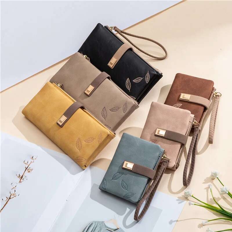 Women Wallet Fashion Long Design Retro PU Leather Credit Card Holder Frosted Leaf Print Buckle Zip Purse Female Handbag Wallets