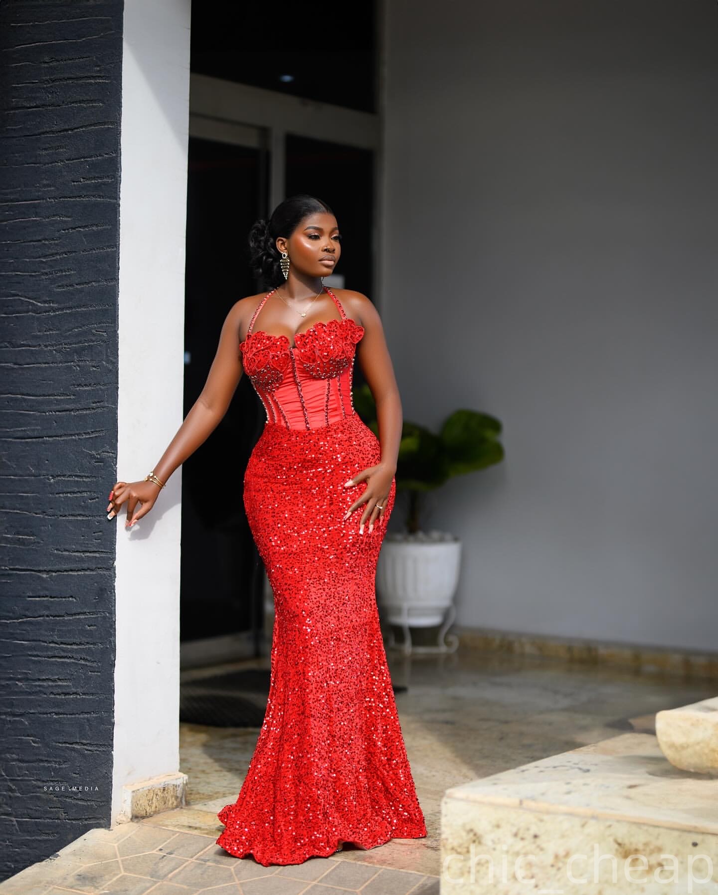 Red Mermaid Plus Size Prom Dresses 2025 Halter Beaded Sequined Evening Formal Party Second Birthday Engagement Gowns Dress For Special Occasions ZJ485
