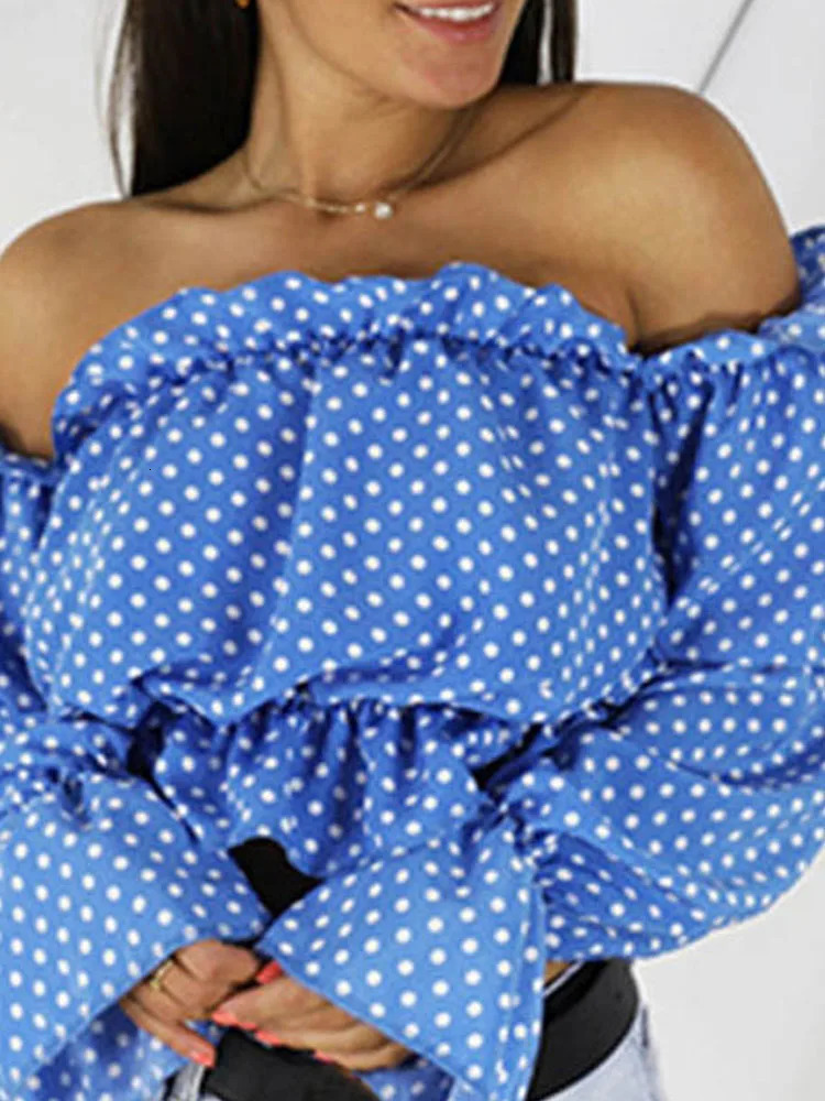 Candy Color Off Shoulder Crop Tops women Summer dot print lantern sleeve shirts Lady Sexy Slash neck beach blouse 250514