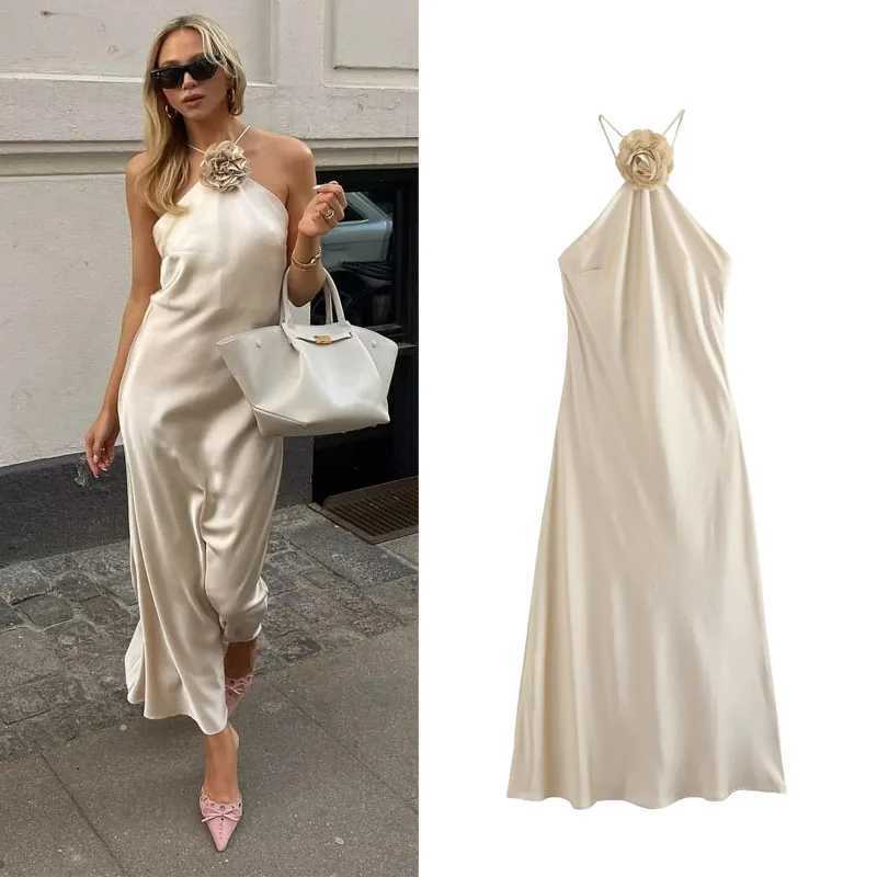 TRAF Flower Halter Dress Woman Off Shoulder Satin Long Dress Women Backless Sexy Evening Dresses Summer Party Dresses For WomenXJ250514