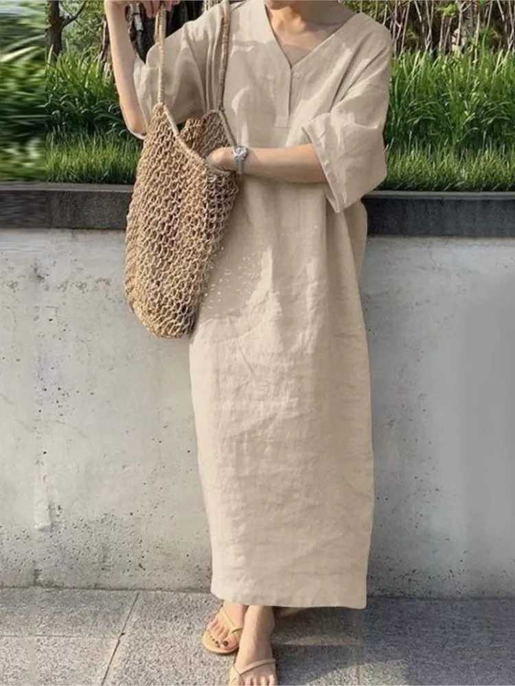 Summer Black Loose Dress Fashion V Neck Short Sleeve Beach Party Casual Dresses For Women Holiday Solid New Long DressXJ250514