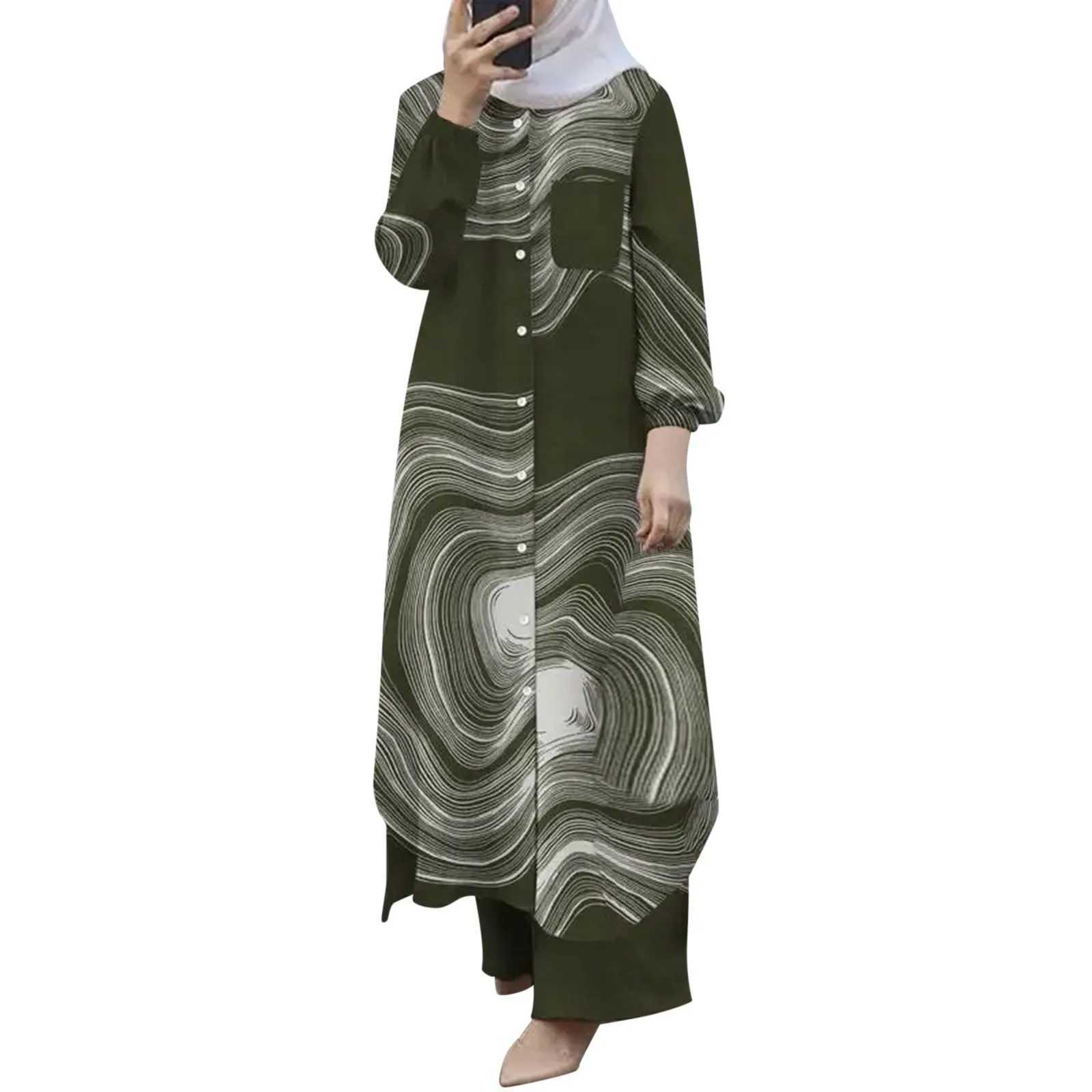 Muslim Sets Turkey Dubai Abaya Women Long Slve Buttons Up Shirt Set Causal Pants Suits Abayas For Women IsIamic Outifits X250514