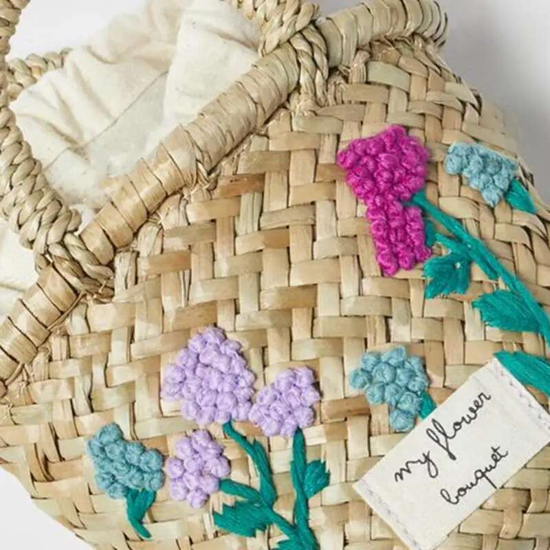 Floral Embroidered Straw For Girls Cute Mini Top-Handle Handbags Summer Fashion Beach Shoulder Bag Bohemian Messenger Purse