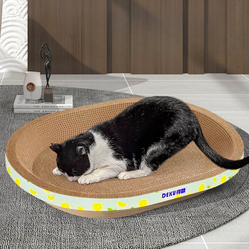 Large Corrugated Cardboard Cat Bed & Scratcher, 2-in-1 Oval Cat Cave for 15lbs Cats, Eco-Friendly Furniture Saver