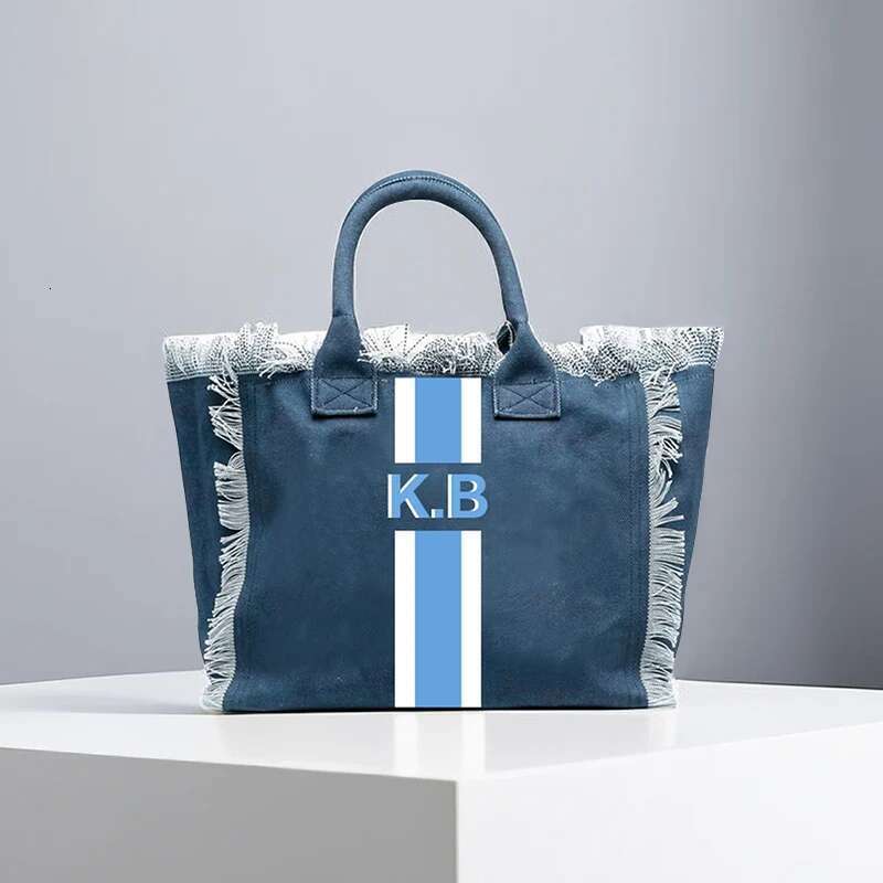 Summer American Style Trends Stripe Printing Women's Tassel Handbag Customizable Letters Canvas Tote Beach Bag Wedding Gift