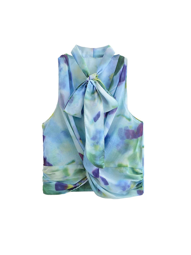 TFMLN Fashion Ladies Scarf Collar Bow Shirt Chic Vintage Printed Elegant Female Clothing Summer Commute Casual Blouse 250514