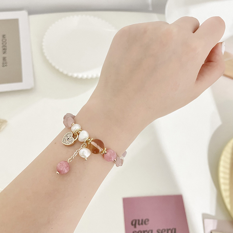 version personalized fashion Korean style strawberry crystal jewelry electroplated 14K pearl copper zirconium elastic bracelet