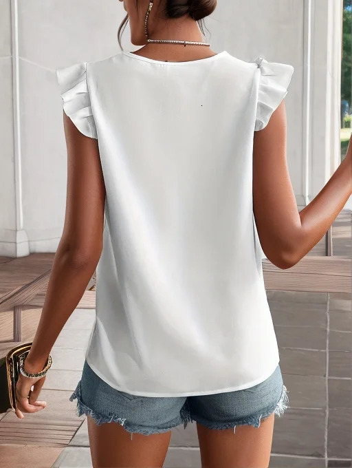 summer white chiffon shirt flying sleeves bottoming womens outer wear slim sleeveless lace stitching short 250514