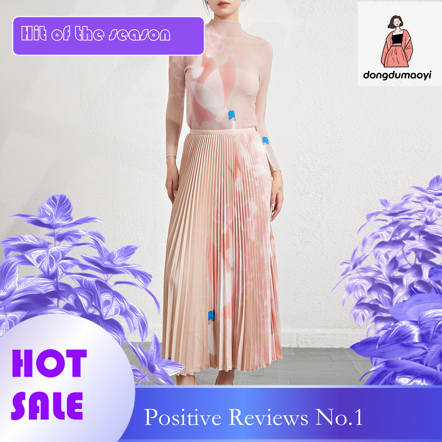 dongdumaoyi Western style fashion casual suit women's autumn new item elastic long sleeved printed T-shirt pleated skirt two-piece set