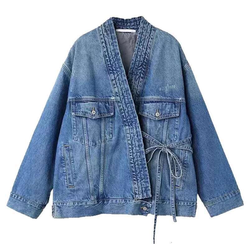 DEAT Fashion Women's Irregular Blue V-neck Casual Denim Coats Spring New Items Trendy Lace-up Loose Jackets Female 33A2709