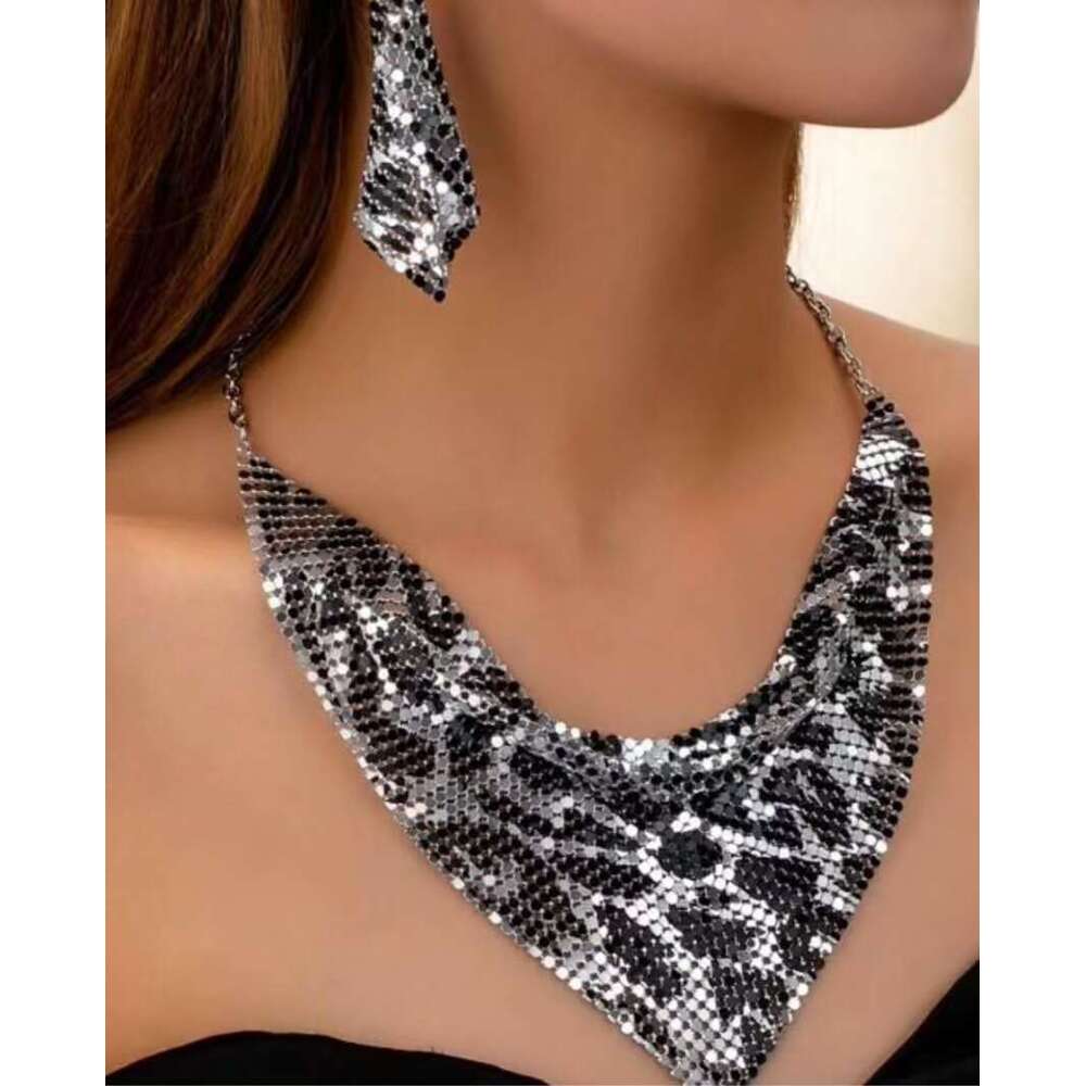 Triangle sequin silk scarf fake collar set with exaggerated personality collarbone necklace earrings pendant 24258