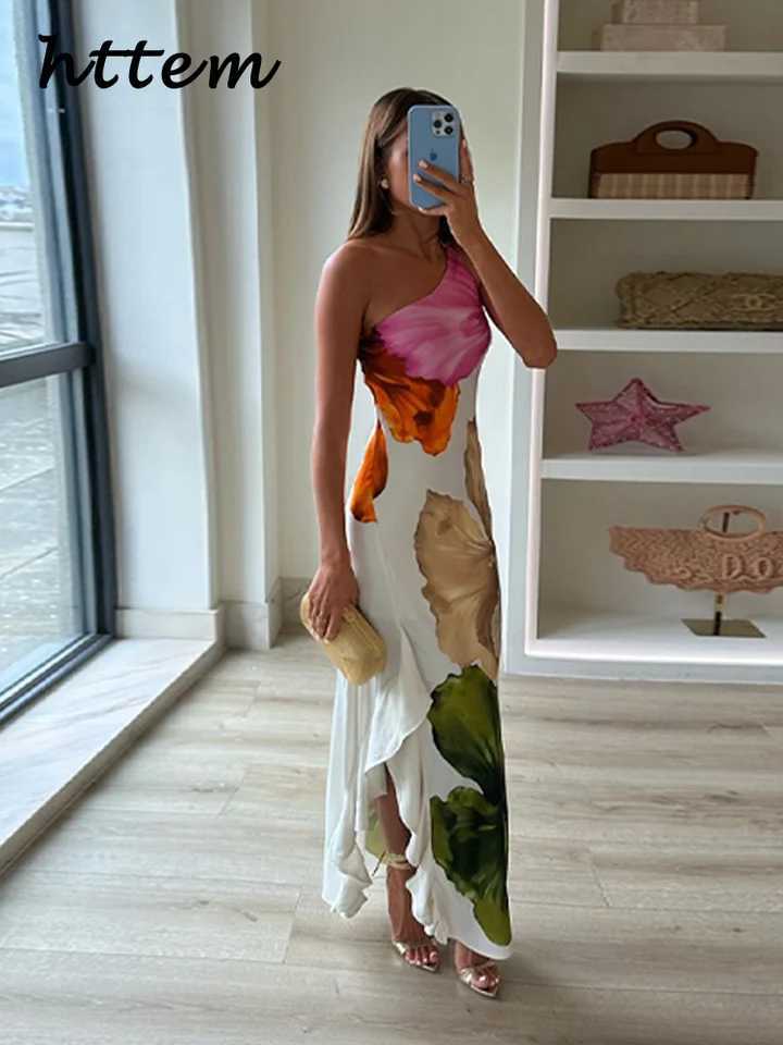 Elegant Print Single Shoulder Long Dress Women Ruffles Backless Sleeveless Split Vacation Dresses 2025 Summer Lady Beach RobesXJ250514