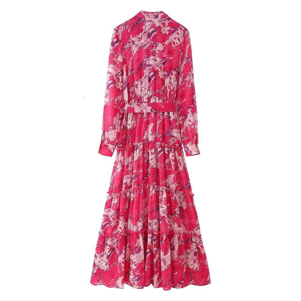 Taop&Za Women's Fashion Simple Chiffon Stacked Belt Spring New Sleeve Stand up Collar Slimming Long Dress