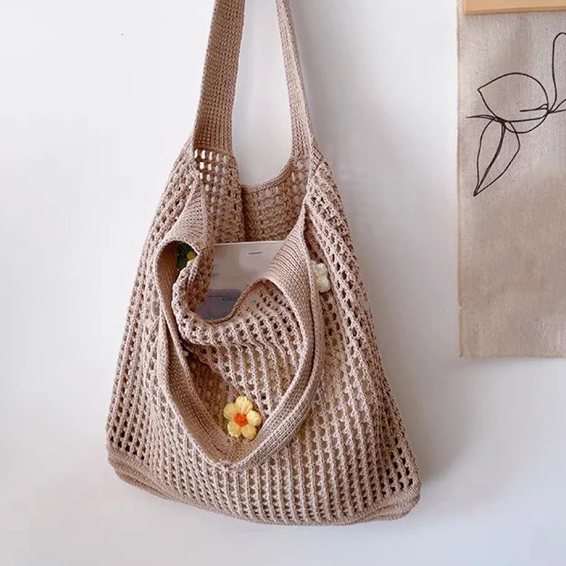 Fashion Hollow Knitted Flower Womens Bags Casual Female Shoulder Crochet Tote Ladies Shopping TopHandle Handbag 250514