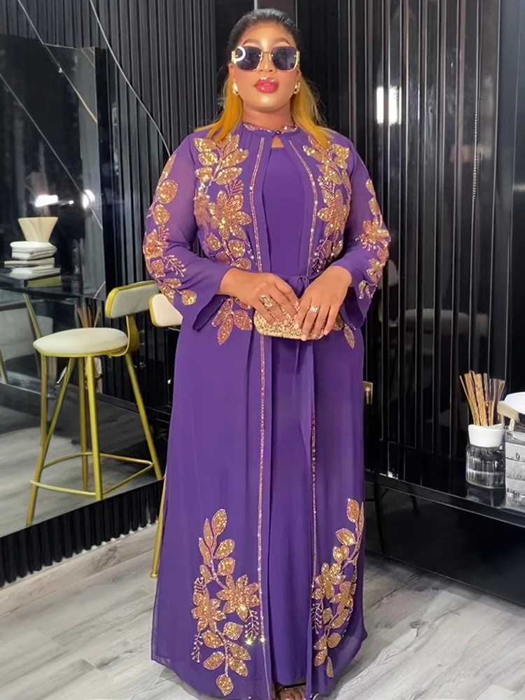 2025 Chiffon Long Slve Dresses Dubai Luxury Abayas For Women Muslim 2 PCS Set Clothing Caftan Marocain Party Prom Evening Gown X250514
