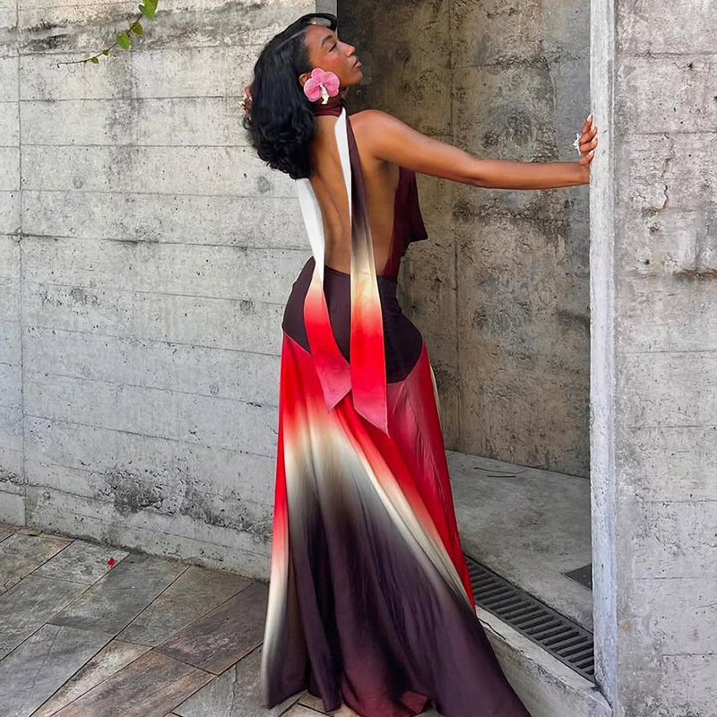 Womens clothing 2025 spring/summer new fashion contrasting print sexy pile neck backless dress for women