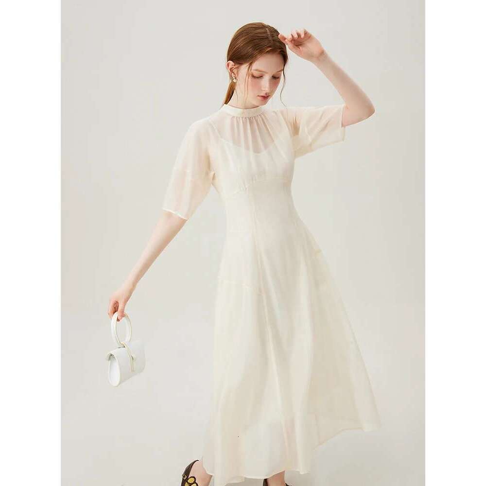 FSLE Women Long Summer Temperament Two Piece Beige Lyocell Short Sleeve Dress+Sleeveless Vest Dress Suit 24Fs12929