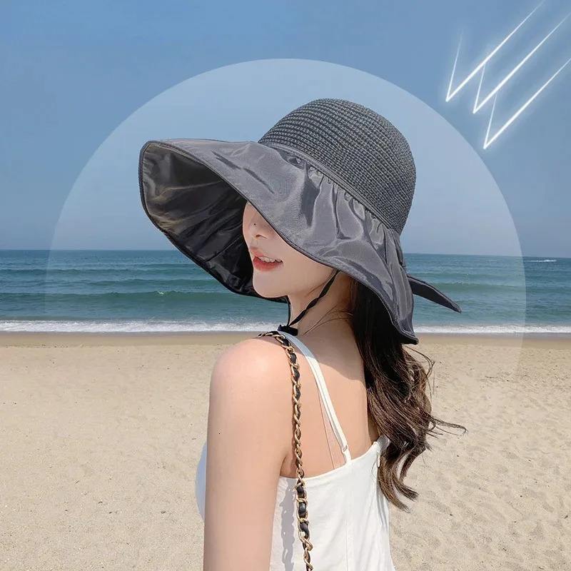 Summer Sun hat womens straw woven anti ultraviolet 2025 with big brim seaside black glue breathable Bucket hat umbrella hat 250514