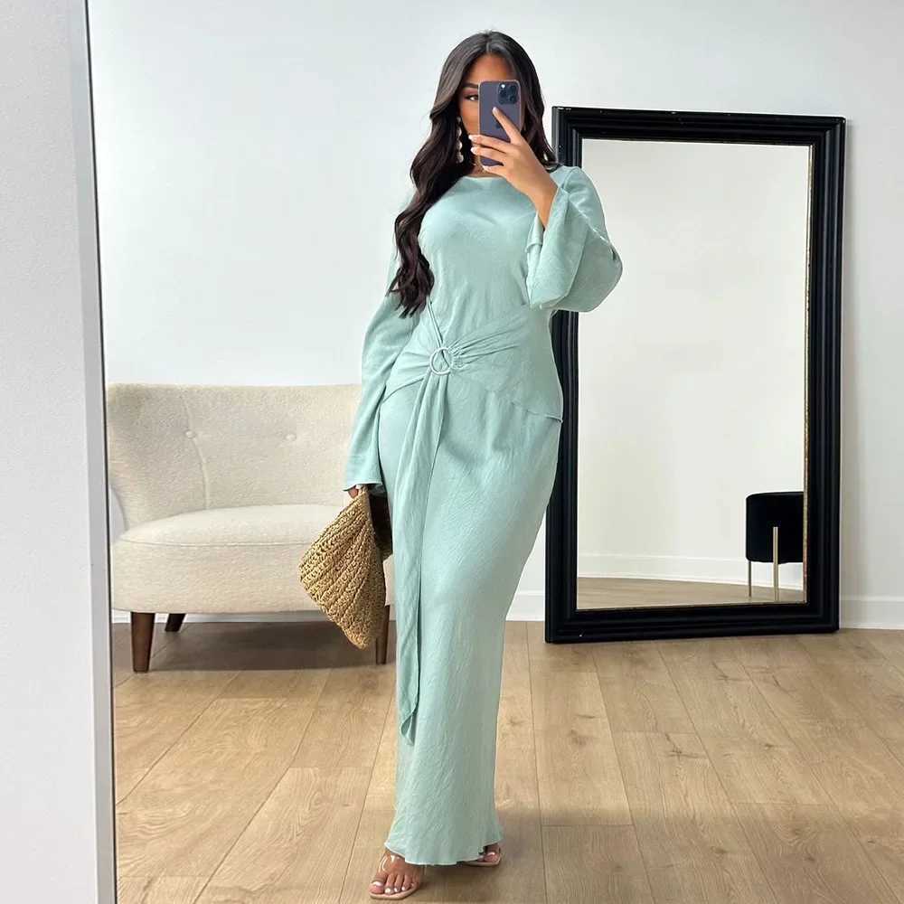 Eid Mubarak Dubai Women Bodycon Abayas Maxi Dress Belt Muslim Islam Clothing Jalabiya Turkey Kaftan Marocain Femme Vestido Gowns X250514