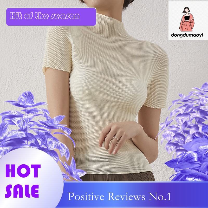 dongdumaoyi Japanese high-end pleated top women's summer Miyake new style temperament semi high neck slim fit elastic slimming short sleeved T-sh