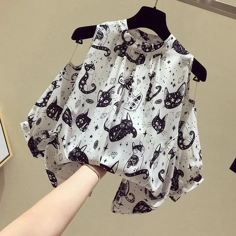 Cat Cartoon Print Chiffon Vintage ONeck Short Sleeve Loose Womens Blouse Shirt Korean Fashion Female Clothing Tops Summer 250514