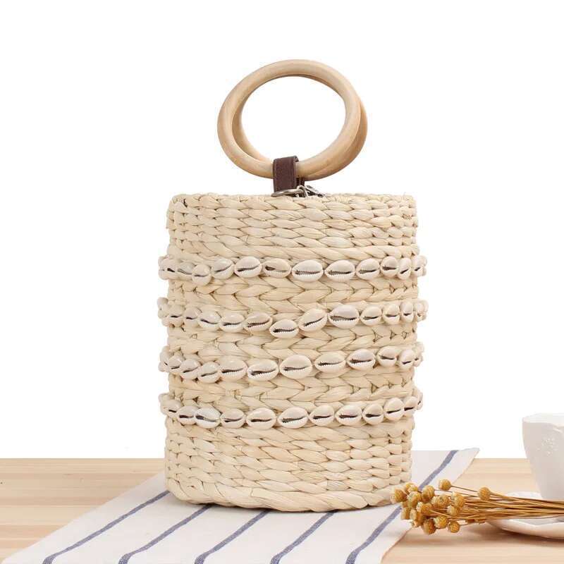 New Natural Shell Bucket Woven Japanese And Korean Hand Carrying Crossbody Dual-Use Straw Casual Women's Bag