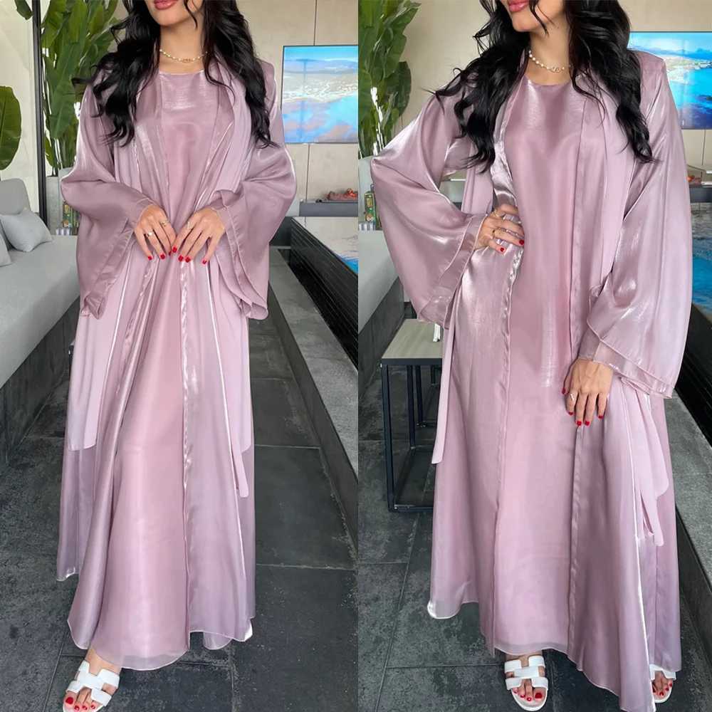 Women Eid Muslim Sets 2 Piece Dress Shiny Satin Dubai Abayas Ka Jalabiya Turkey Kaftan Ramadan Islam Clothing Robe Vestidos X250514
