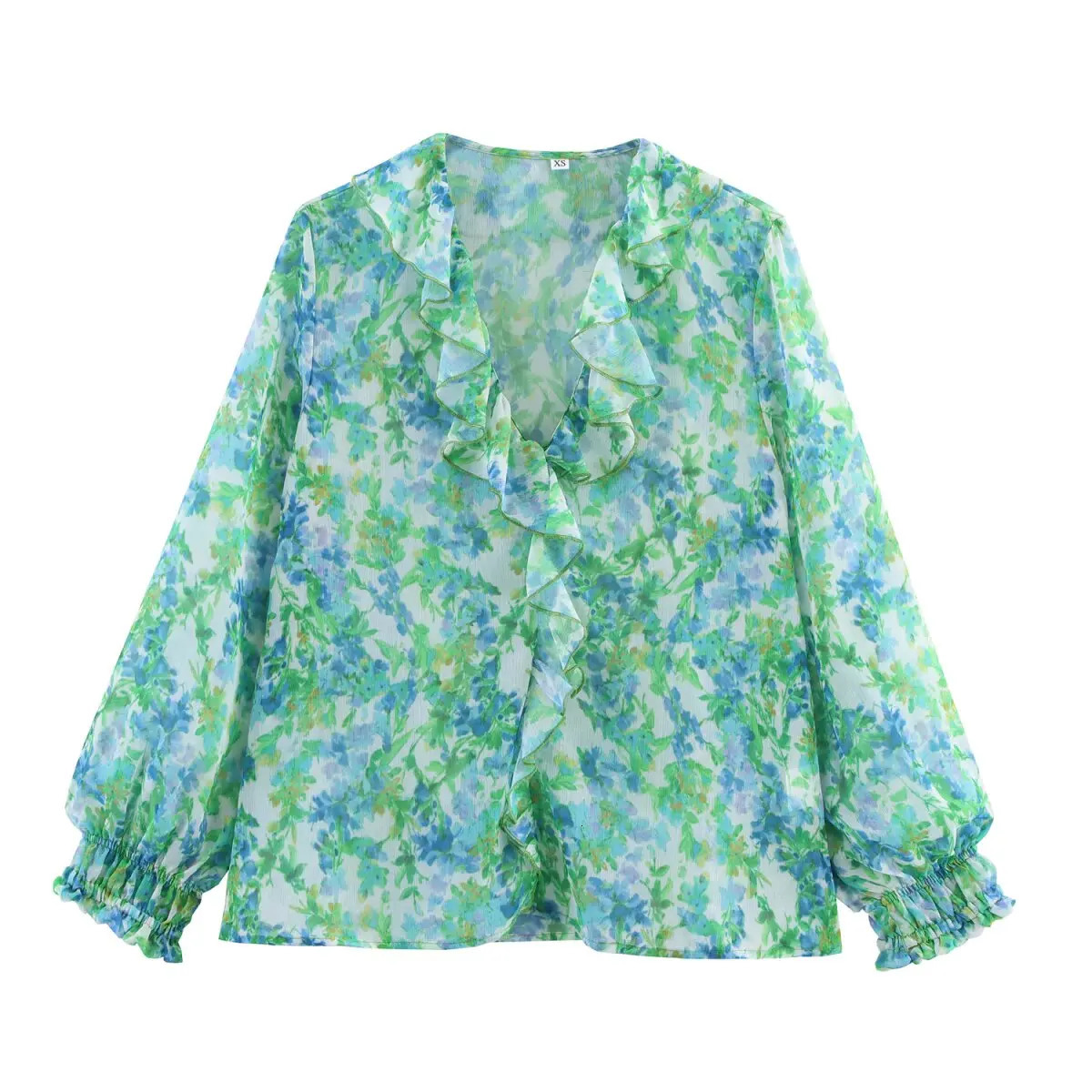 UNIZERA womens shirt with green floral print Vneck layered decoration long sleeved temperament summer style 250514