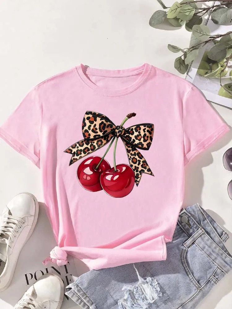 Fashion Cherry Print Womens TShirt Short Sleeve Crew Neck Casual Tops for Summer Spring Clothing Tees 250514