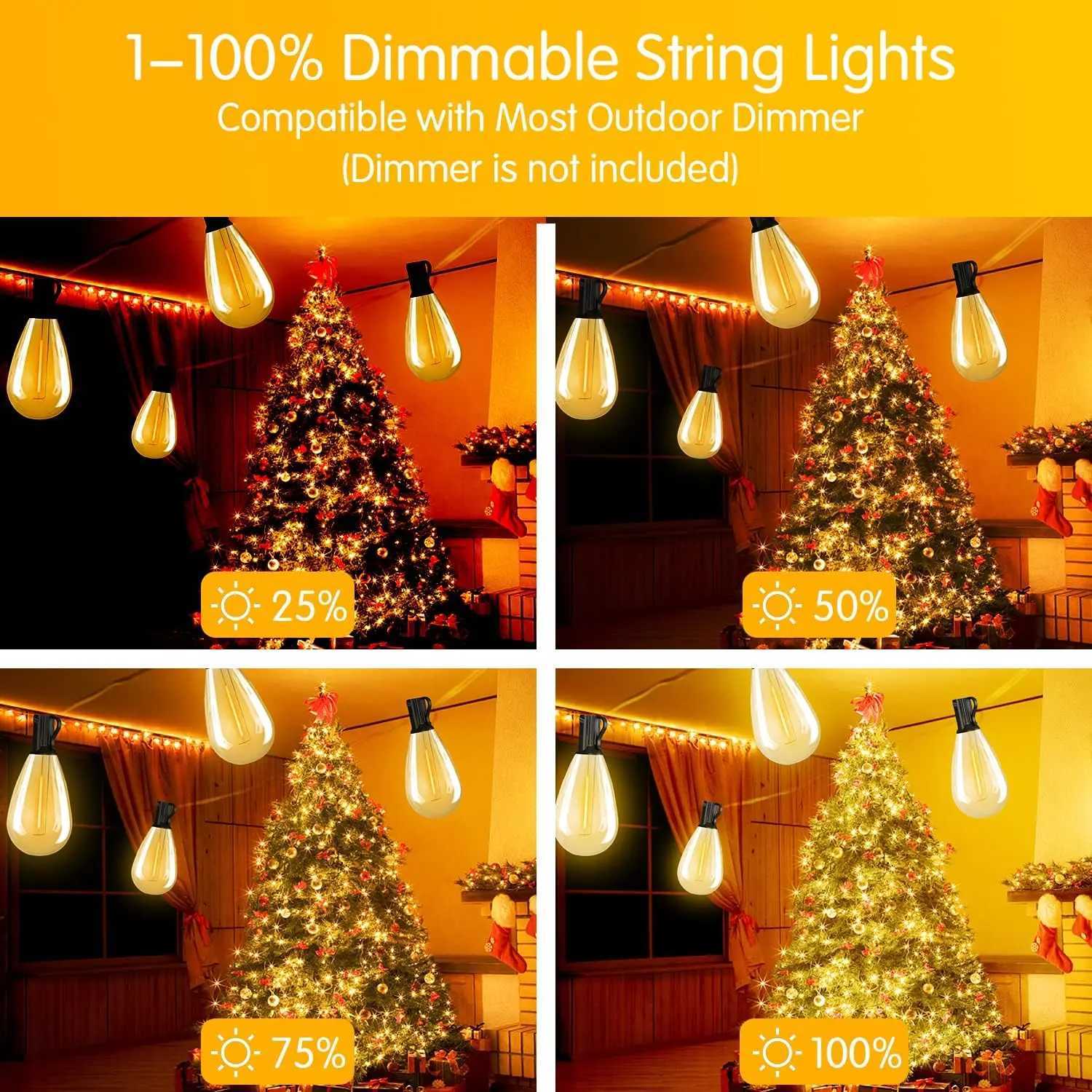 50FT S14 LED Patio Lights With 25 Edison Vintage Bulbs Connectable Outdoor String Lights For Porch Backyard Bistro IP65 Z250514