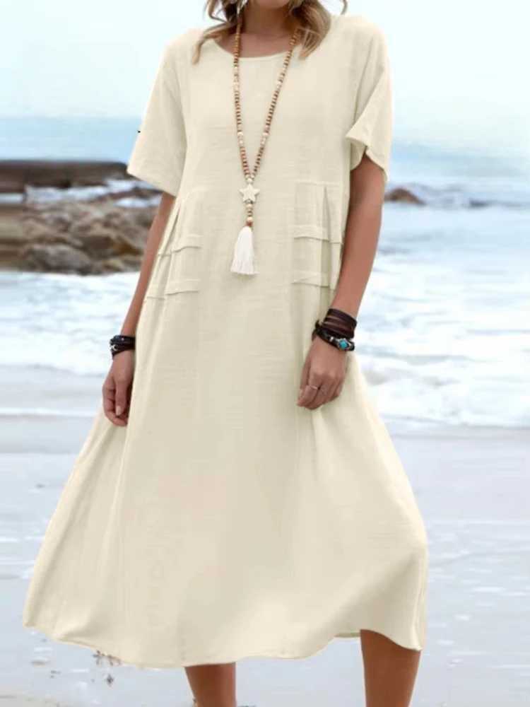 2025 Summer Fashion New Womens Elegant Long Cotton and Hemp Dress Round Neck Vacation Short Sleeve Medium Long DressXJ250514
