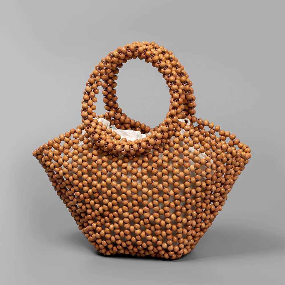 Summer Womens Handwoven Totes Beach Holiday Hollowed-Out Wooden Beaded Bag Fashion Fan Shape Clutch Female Purse And Handbags Z250514