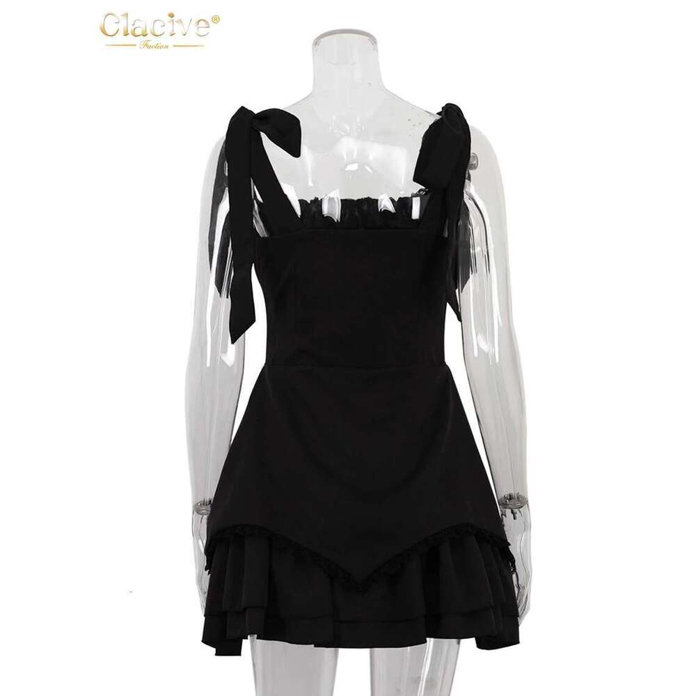 Clacive Fashion Slim Black Women's Summer Strap Sleeveless Mini Dress Elegant High Waist Pleated Party Dresses Female
