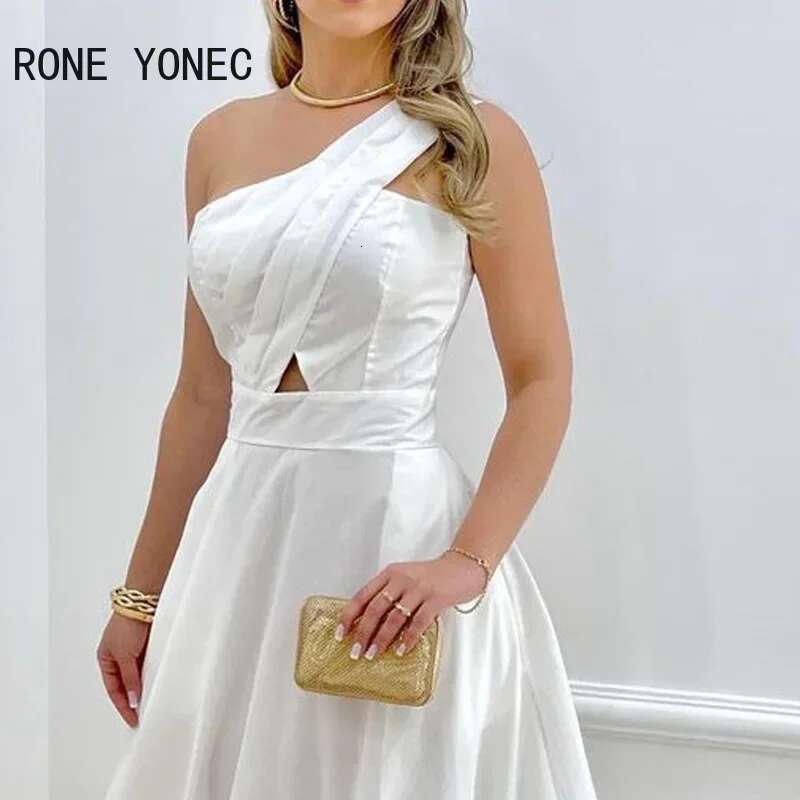 Women Solid Elegant One Shoulder Ruffle Hem Hollow Out Zipper Sexy Maxi White Dresses