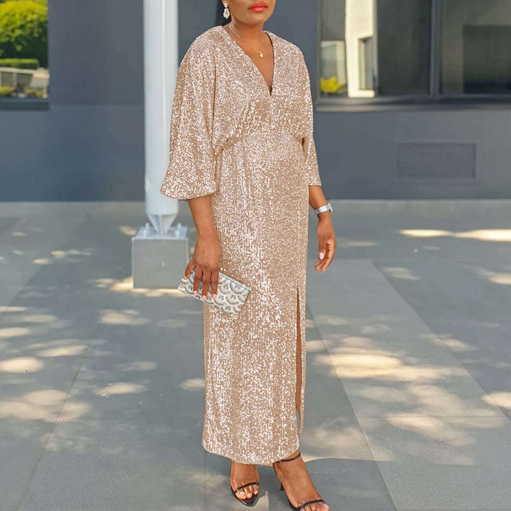 Women's Wear Women's Wear Women's Autumn New Item Loose V-Neck Fashionable Sequin Slit Long Skirt Plus Size Dress