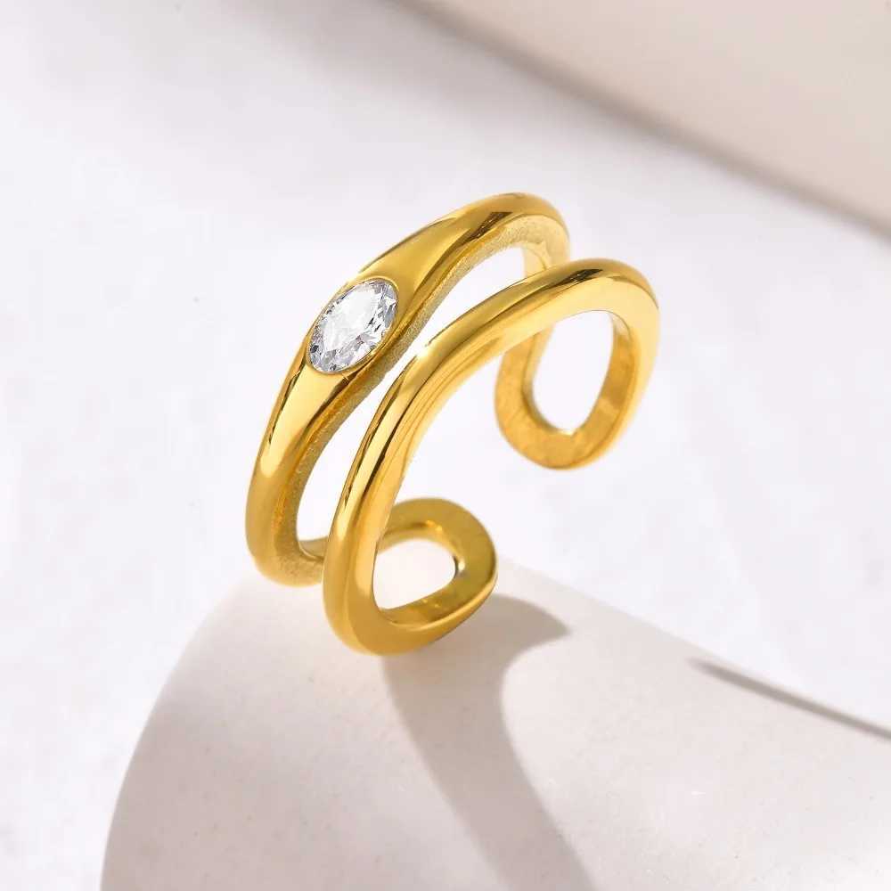 Tigrade New Double Layer Zircon Rings For Women Geometric Stainl Steel Open Finger Ring Wedding Jewelry Gift Womens RingsXJ250514
